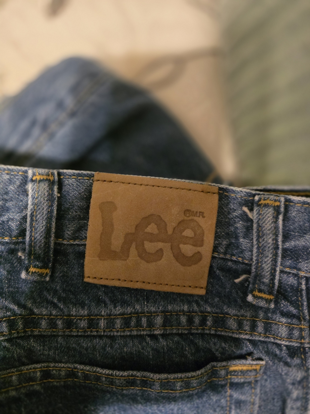 Tall Lee Dark Blue Denim Jeans with Brown Patch - Picture 2 of 3